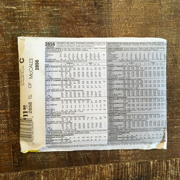 McCalls Sewing Pattern 2856 Costume Cinderella Rapunzel Belle Princess 4-6 UNCUT - Picture 2 of 2